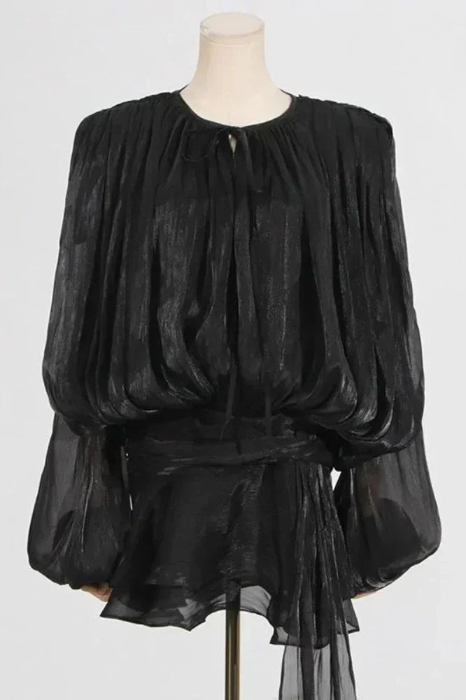 Notiglo - Patchwork A-Line Lace Up Round Neck Flared Sleeve Mini Dress
