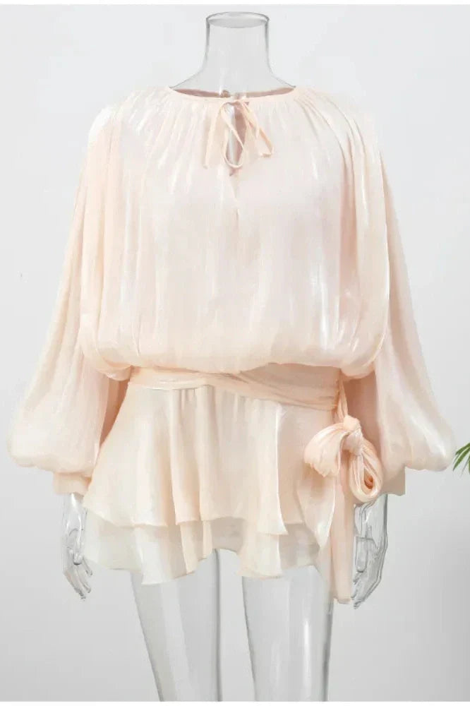 Notiglo - Patchwork A-Line Lace Up Round Neck Flared Sleeve Mini Dress