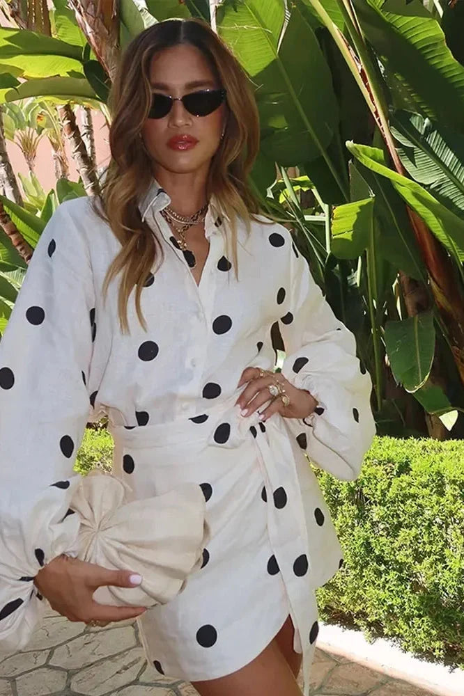 Notiglo - Elegant V-Neck Lace-Up Polka Dot Print Two Piece Mini Dress
