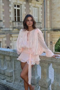 Notiglo - Patchwork A-Line Lace Up Round Neck Flared Sleeve Mini Dress
