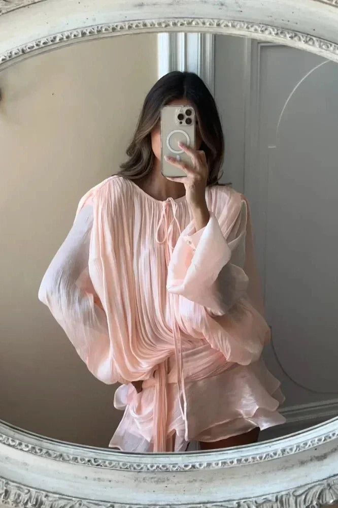 Notiglo - Patchwork A-Line Lace Up Round Neck Flared Sleeve Mini Dress