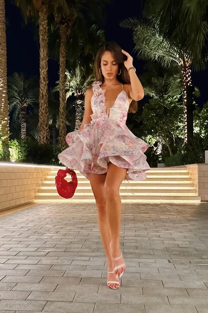 Notiglo - Printed Backless Sleeveless V-Neck A-Line Mini Dress