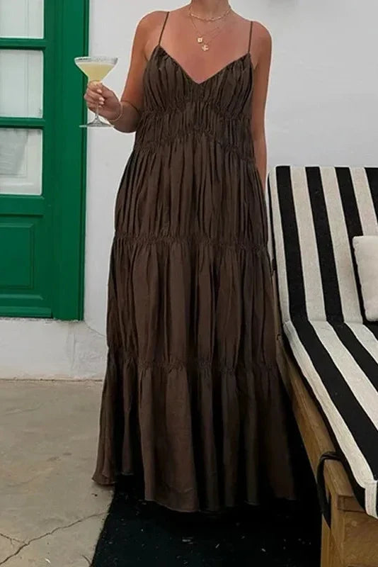 Notiglo - Elegant Sleeveless V-Neck High Waist Loose Pleated Maxi Dress