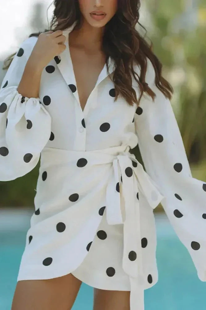 Notiglo - Elegant V-Neck Lace-Up Polka Dot Print Two Piece Mini Dress