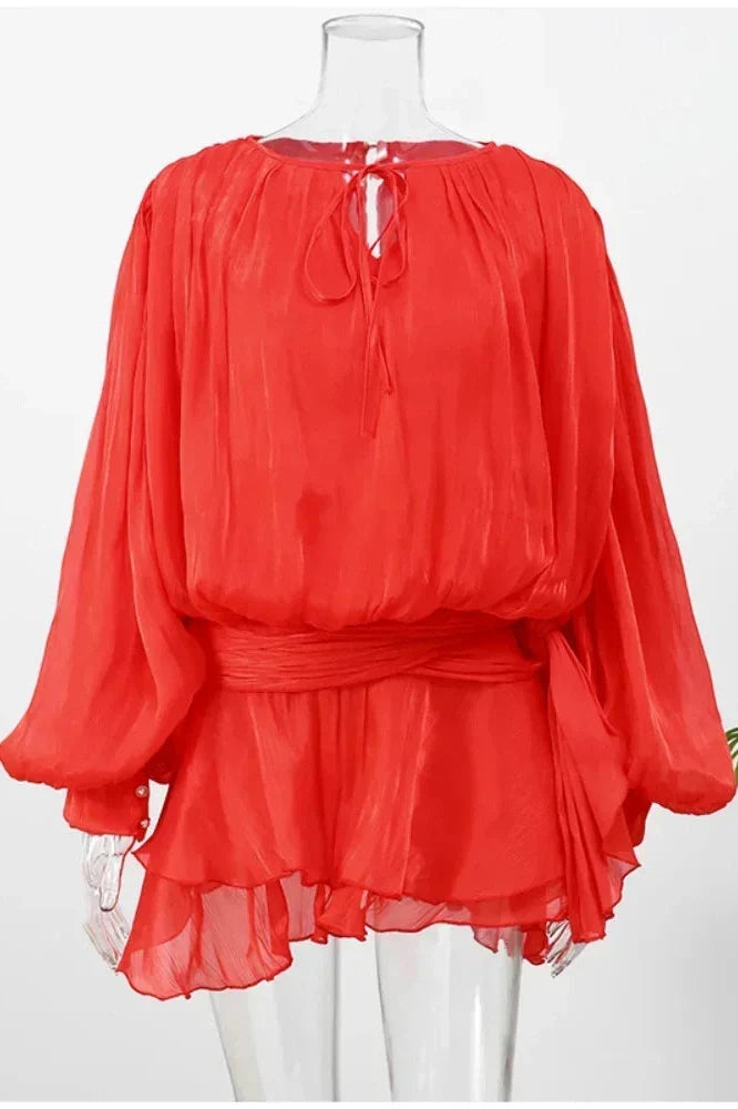 Notiglo - Patchwork A-Line Lace Up Round Neck Flared Sleeve Mini Dress