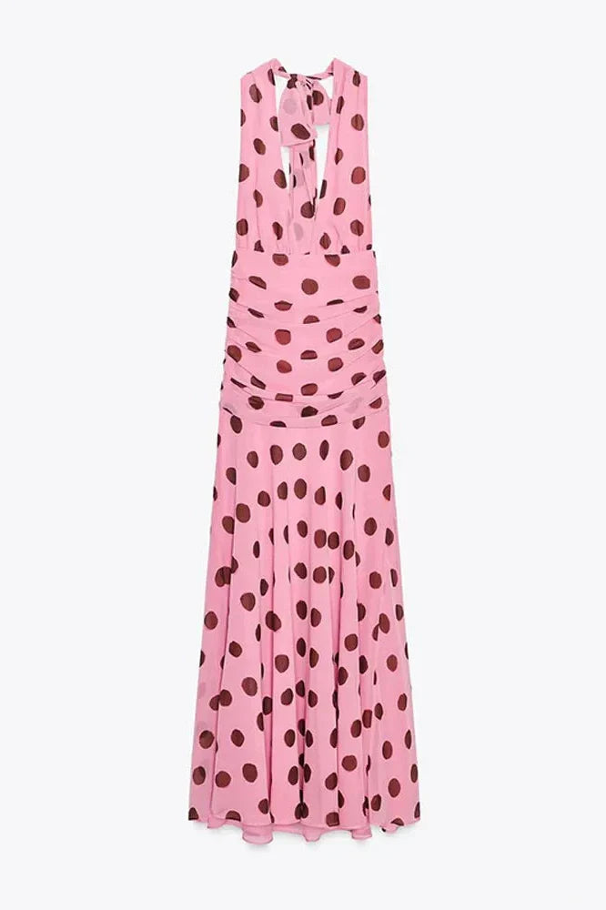 Notiglo - Elegant Printed Pleated Backless Sleeveless Maxi Dress