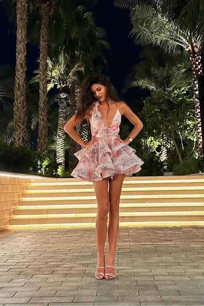 Notiglo - Printed Backless Sleeveless V-Neck A-Line Mini Dress