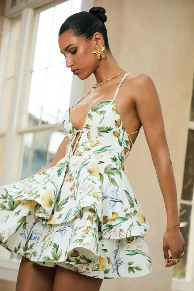 Notiglo - Printed Backless Sleeveless V-Neck A-Line Mini Dress
