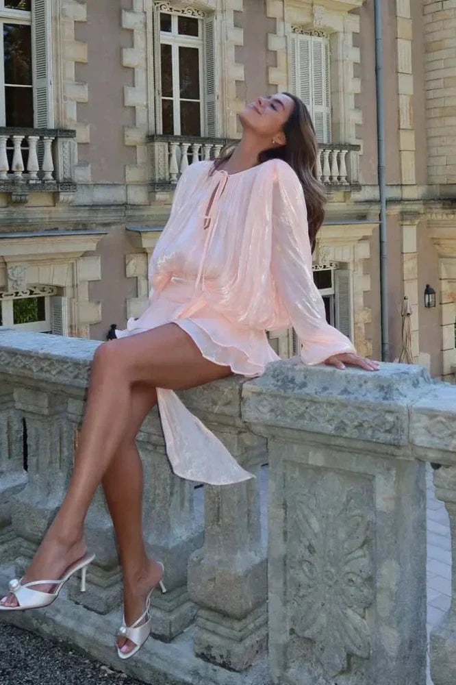 Notiglo - Patchwork A-Line Lace Up Round Neck Flared Sleeve Mini Dress