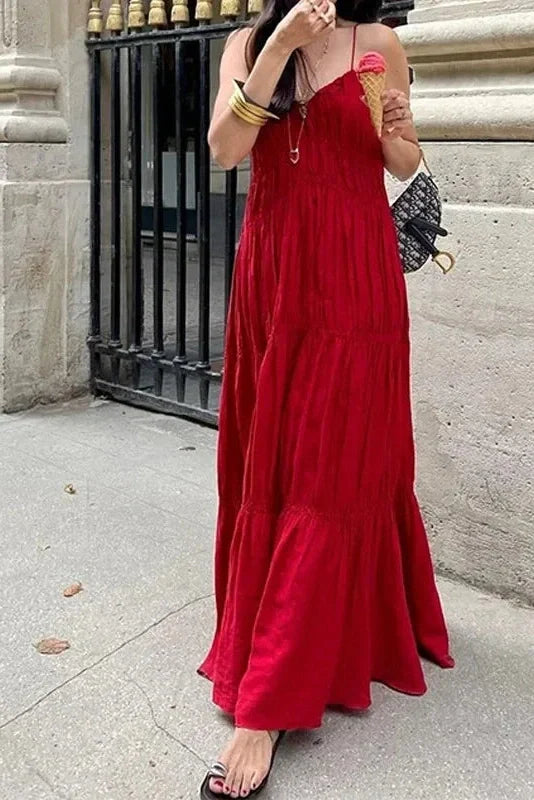 Notiglo - Elegant Sleeveless V-Neck High Waist Loose Pleated Maxi Dress